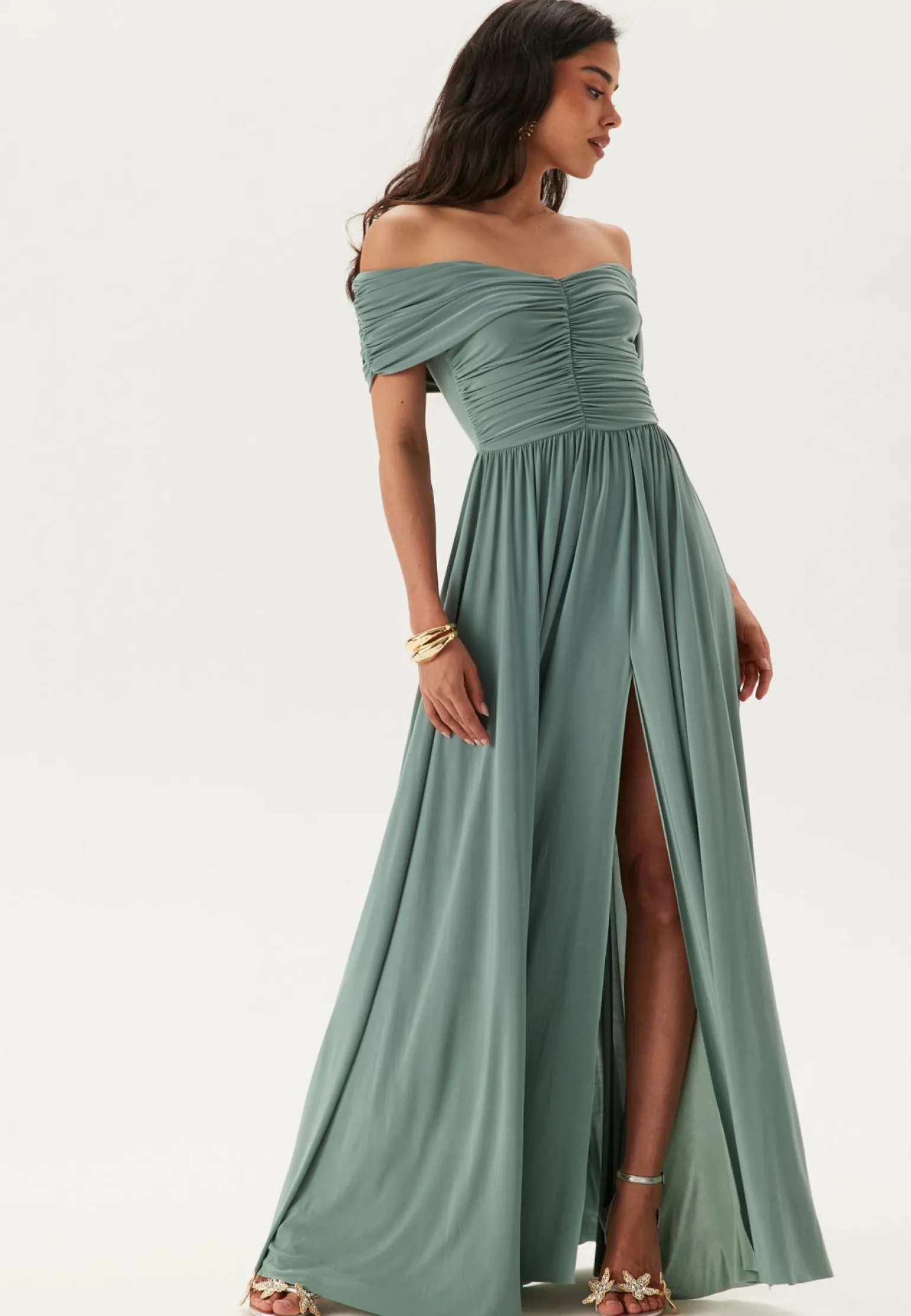 Bardot Rouched Maxi Split Dress