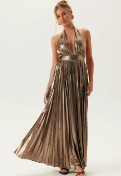 Deep V Pleated Halter Maxi Dre