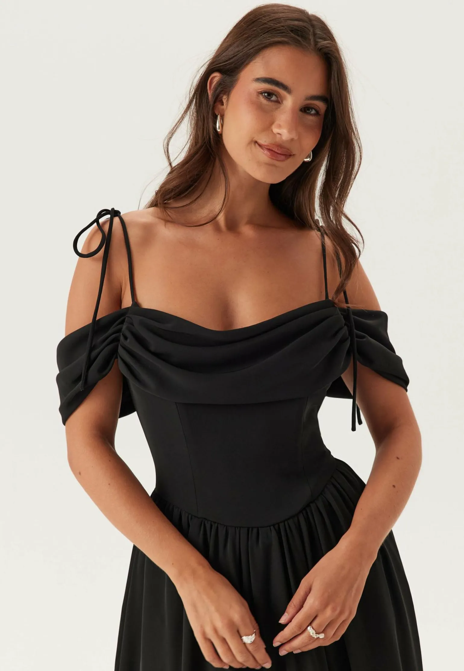 Draped Off Shoulder Corset Midi Dress