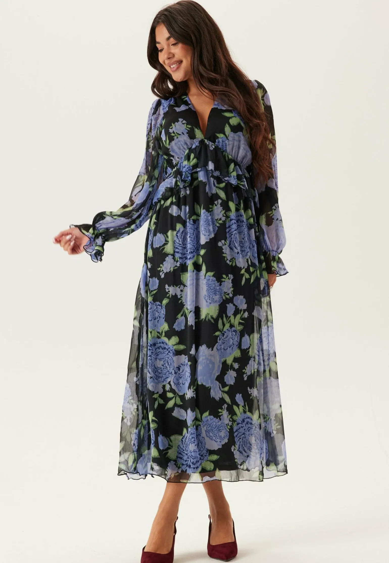 Frill L/S Chiffon Midi Dress