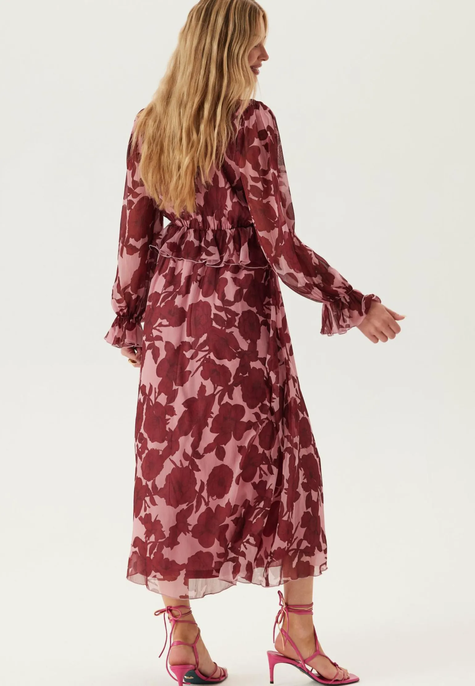 Frill L/S Chiffon Midi Dress