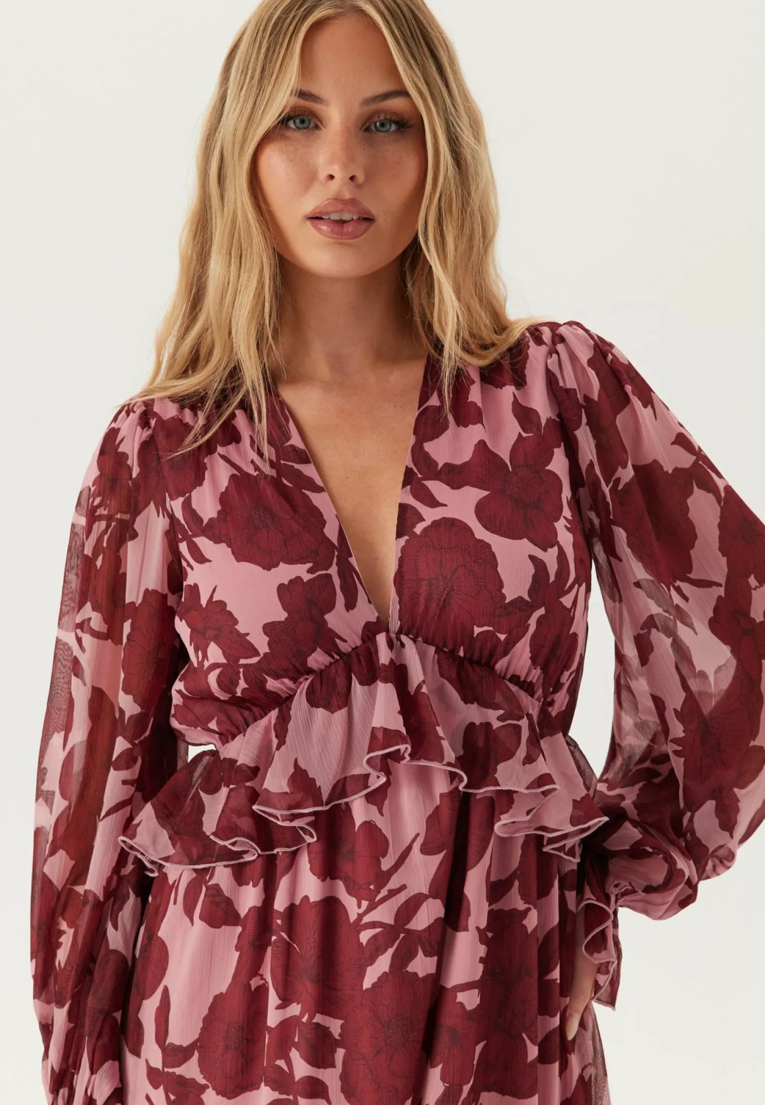 Frill L/S Chiffon Midi Dress