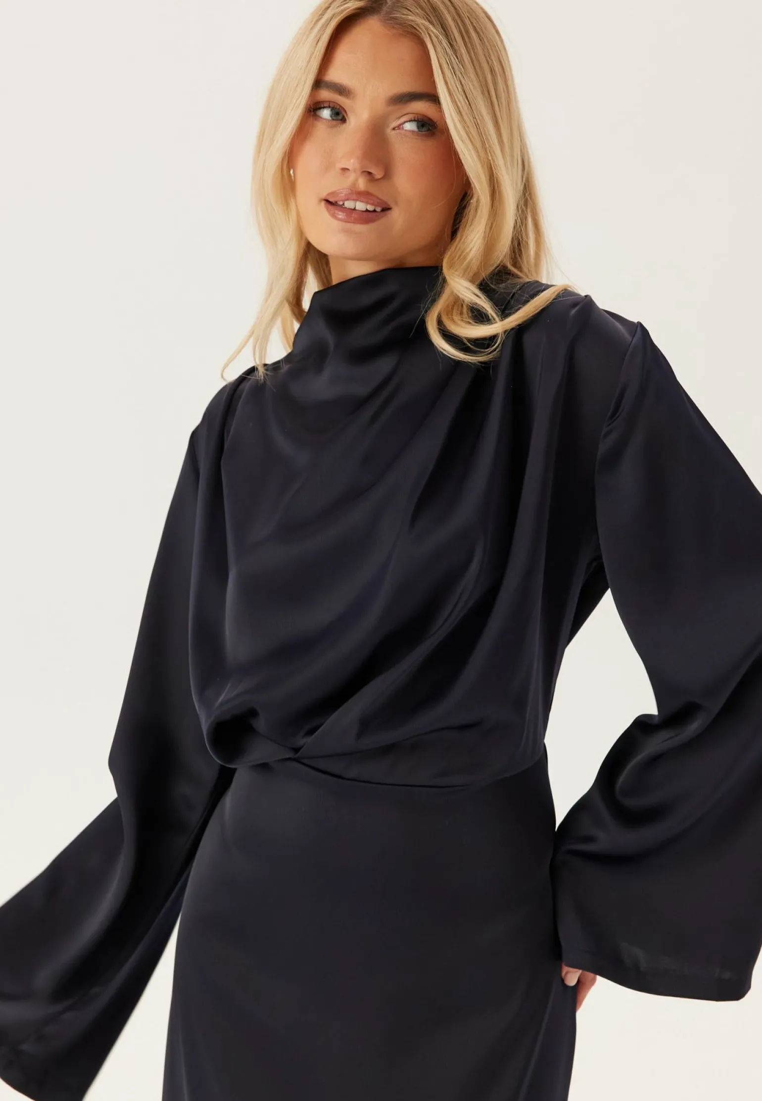 High Neck Wide Sleeve Satin Gown