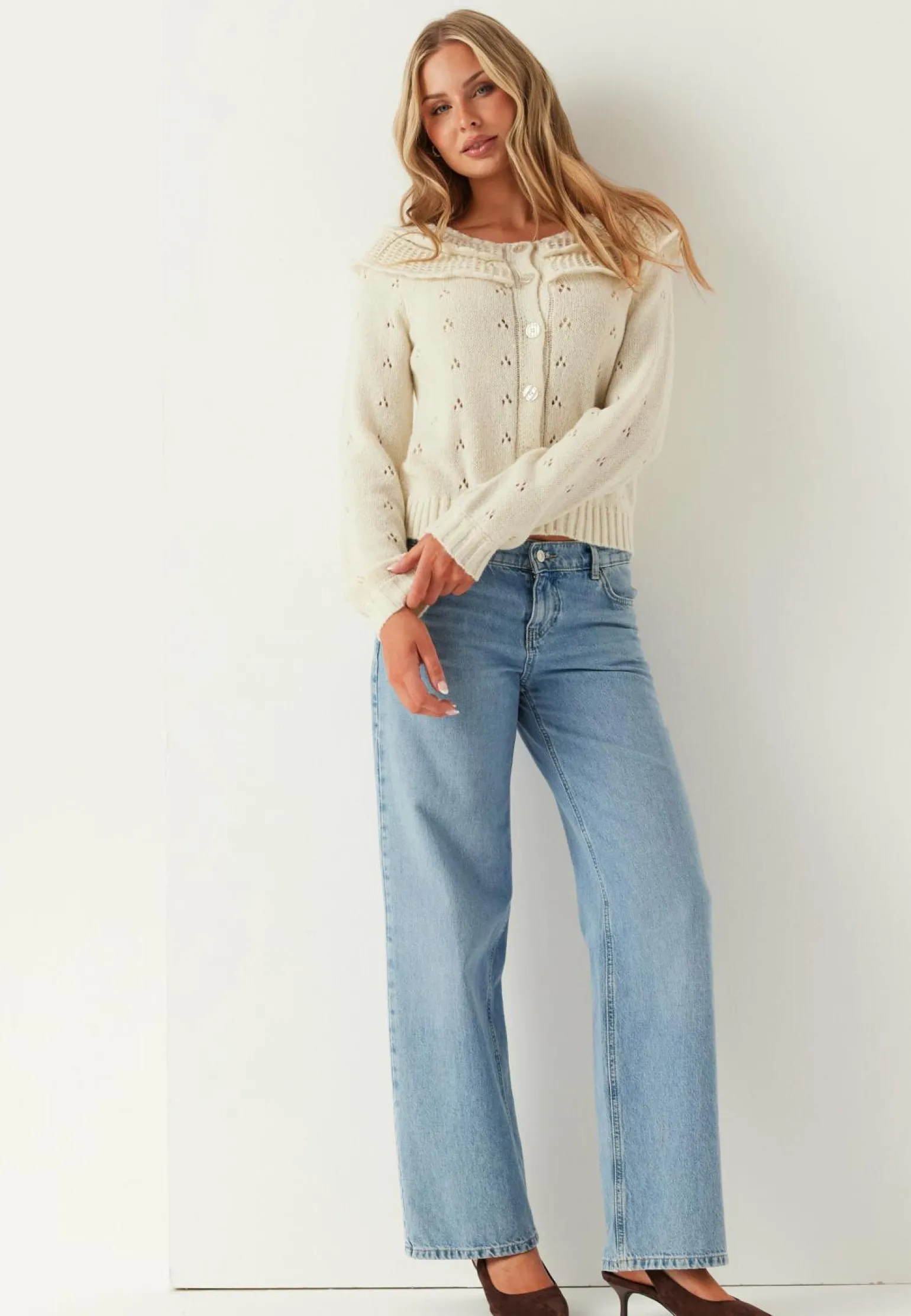 Pcdavis Ls O-neck Frill Cardigan