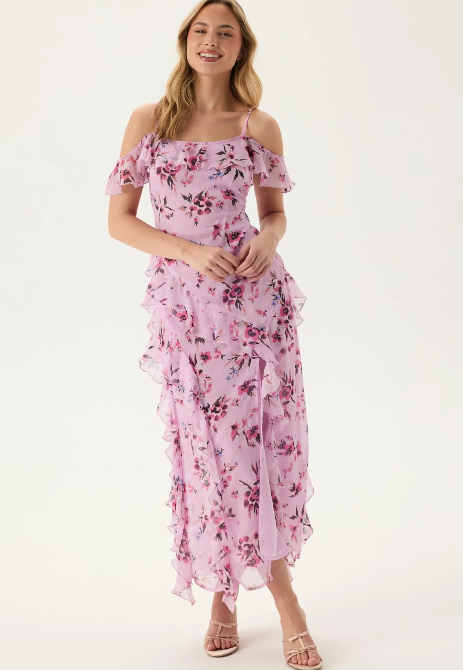 Peaky Shoulder Flounce Maxi Dress
