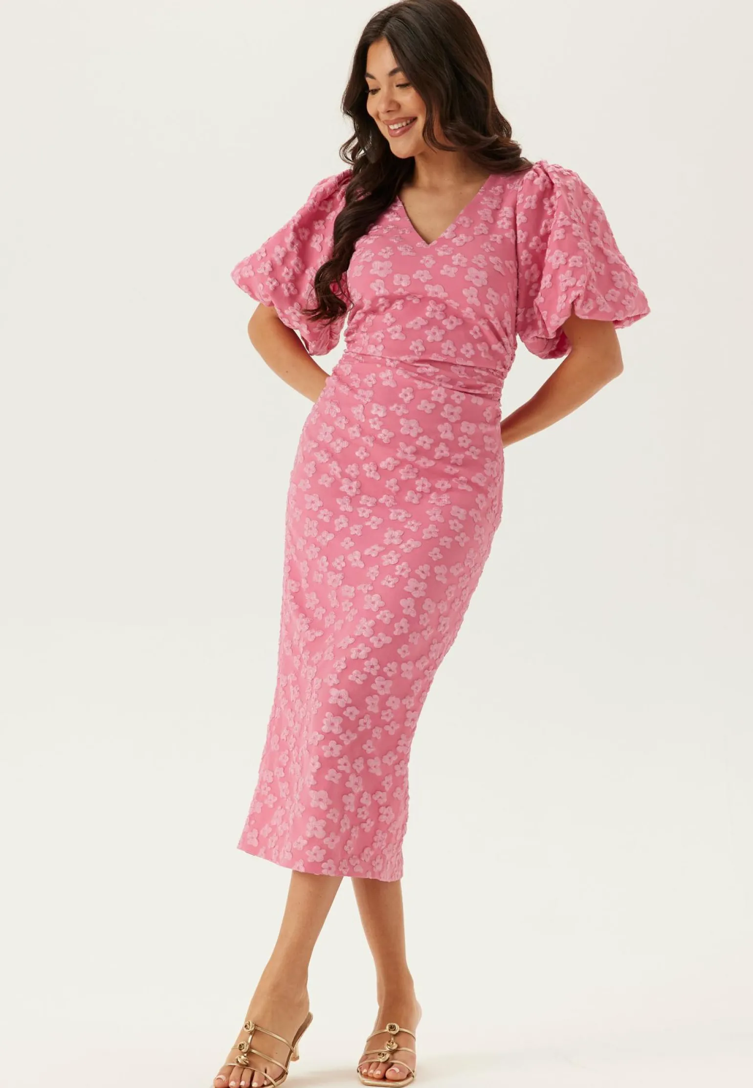 Puff Sleeve Jacquard Midi Dress