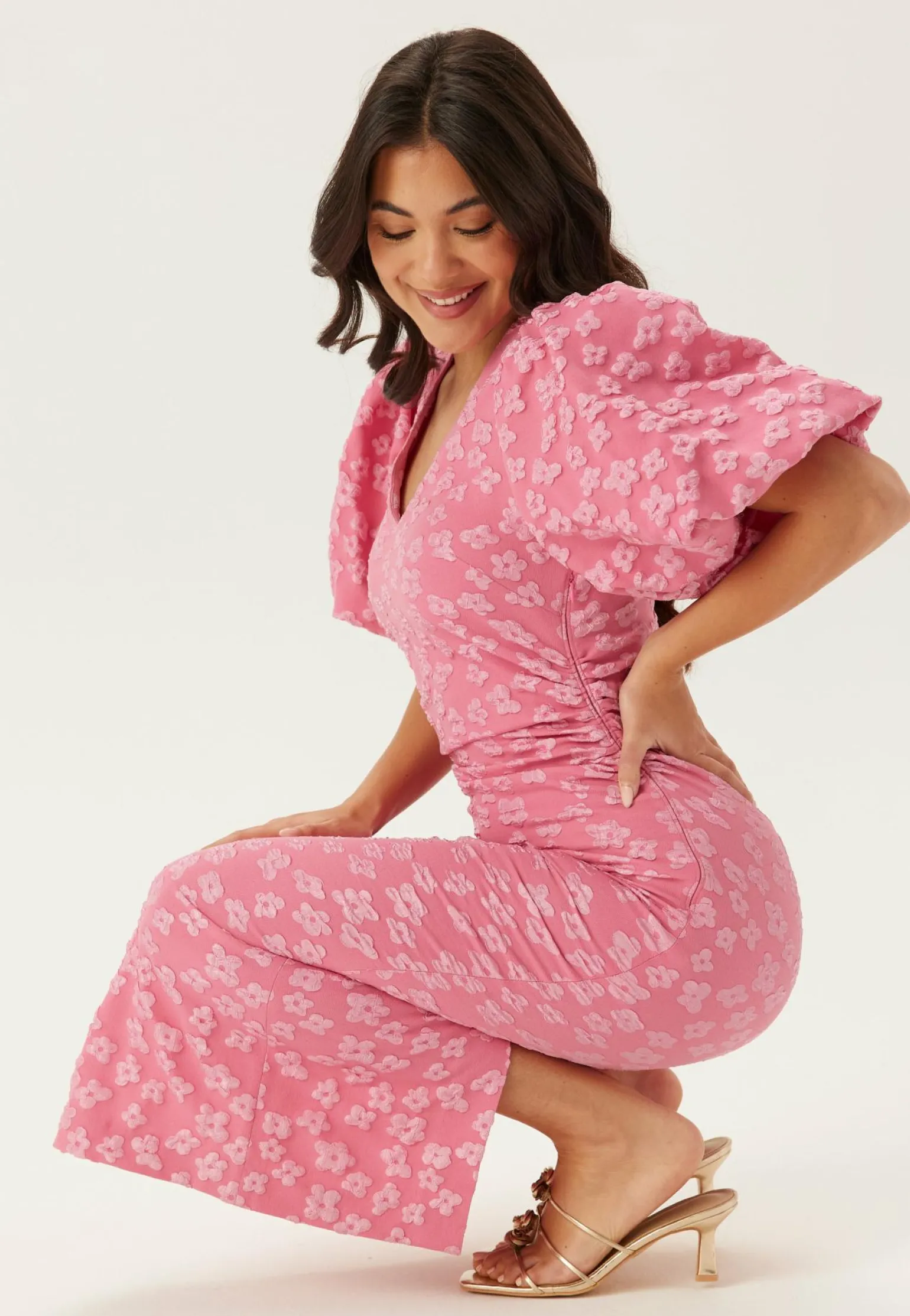 Puff Sleeve Jacquard Midi Dress