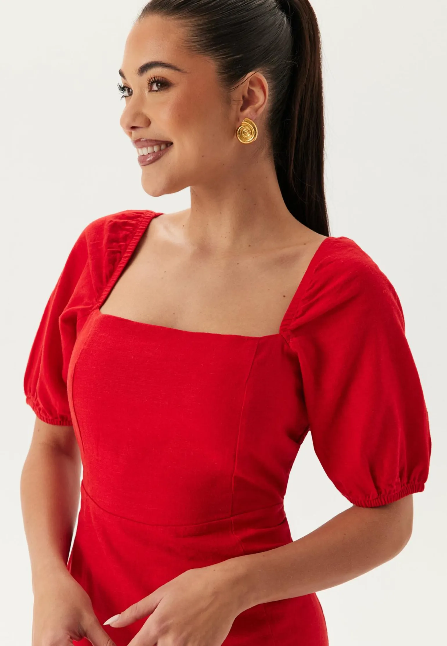 Puff Sleeve Linen Blend Dress