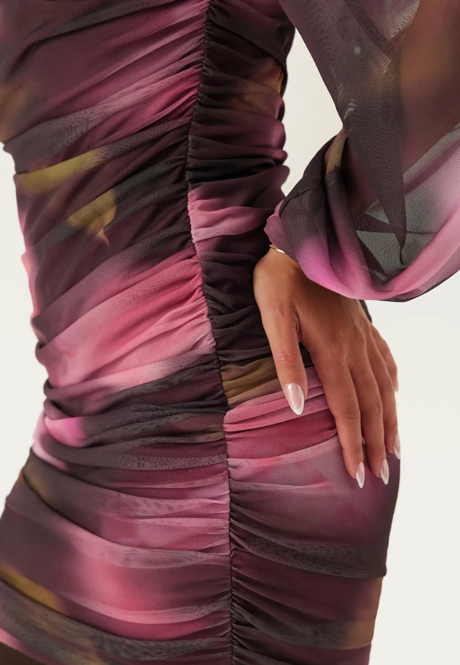 Ruched Mesh Mini Dress