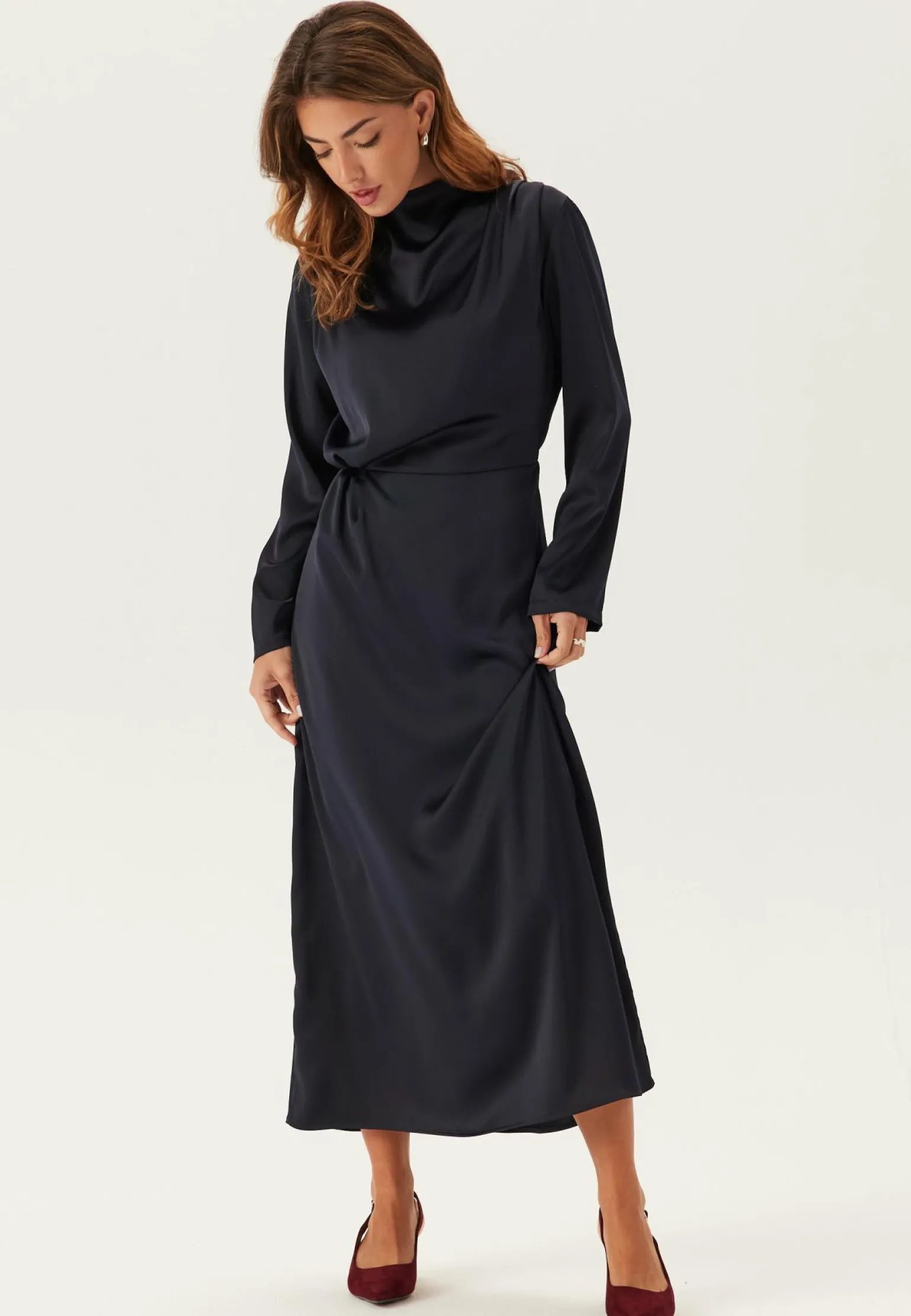 Satin Cowl Neck Midi Dress