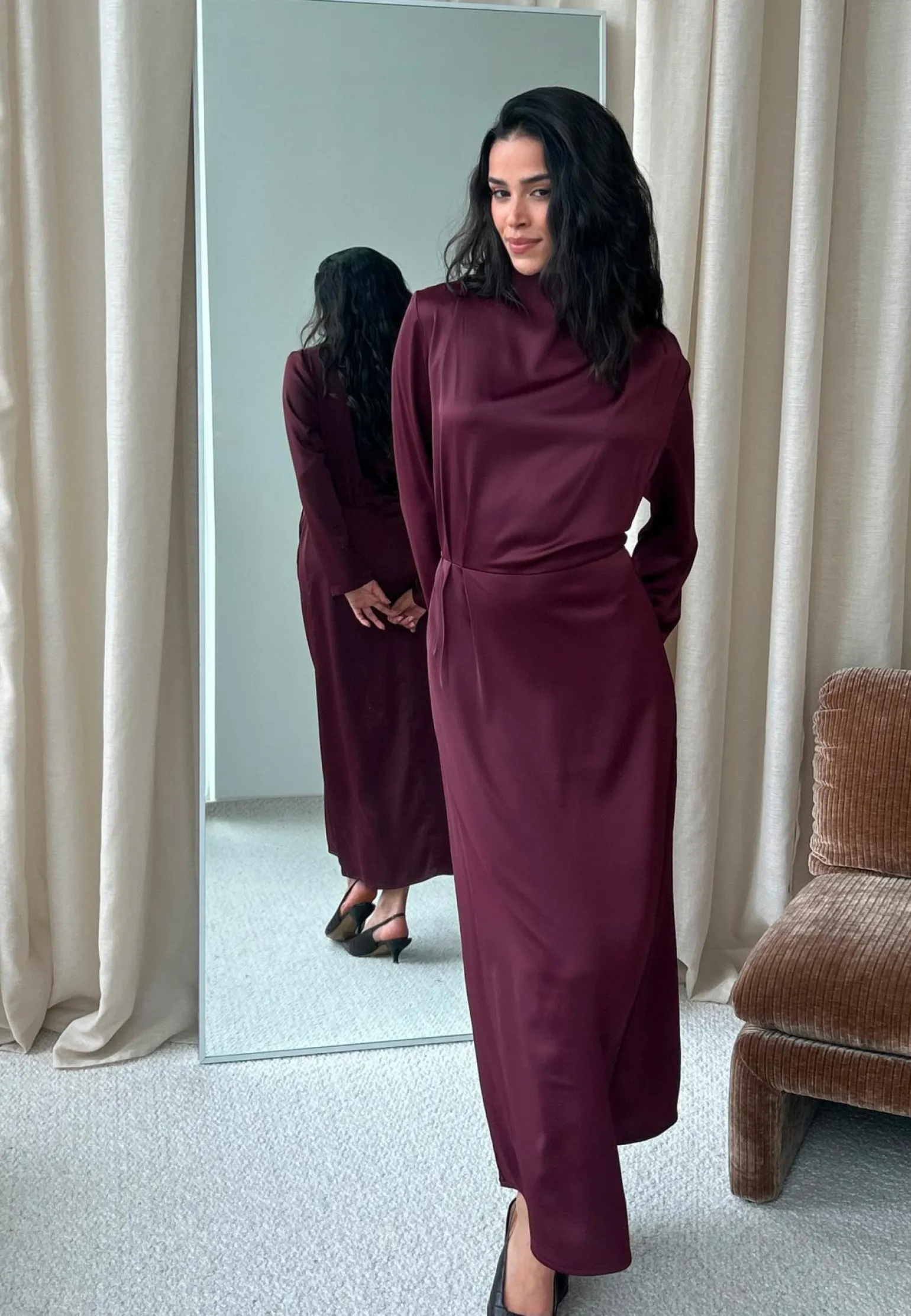 Satin Cowl Neck Midi Dress