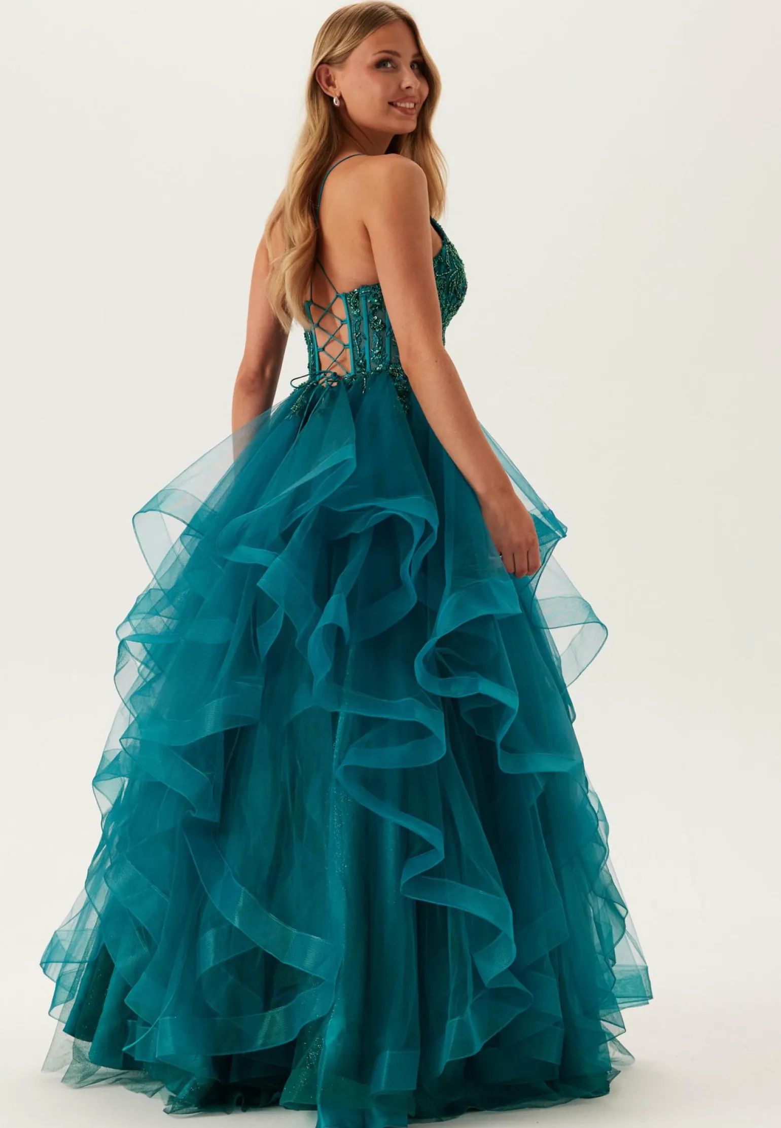 Tulle Frill Evening Dress with Lacing